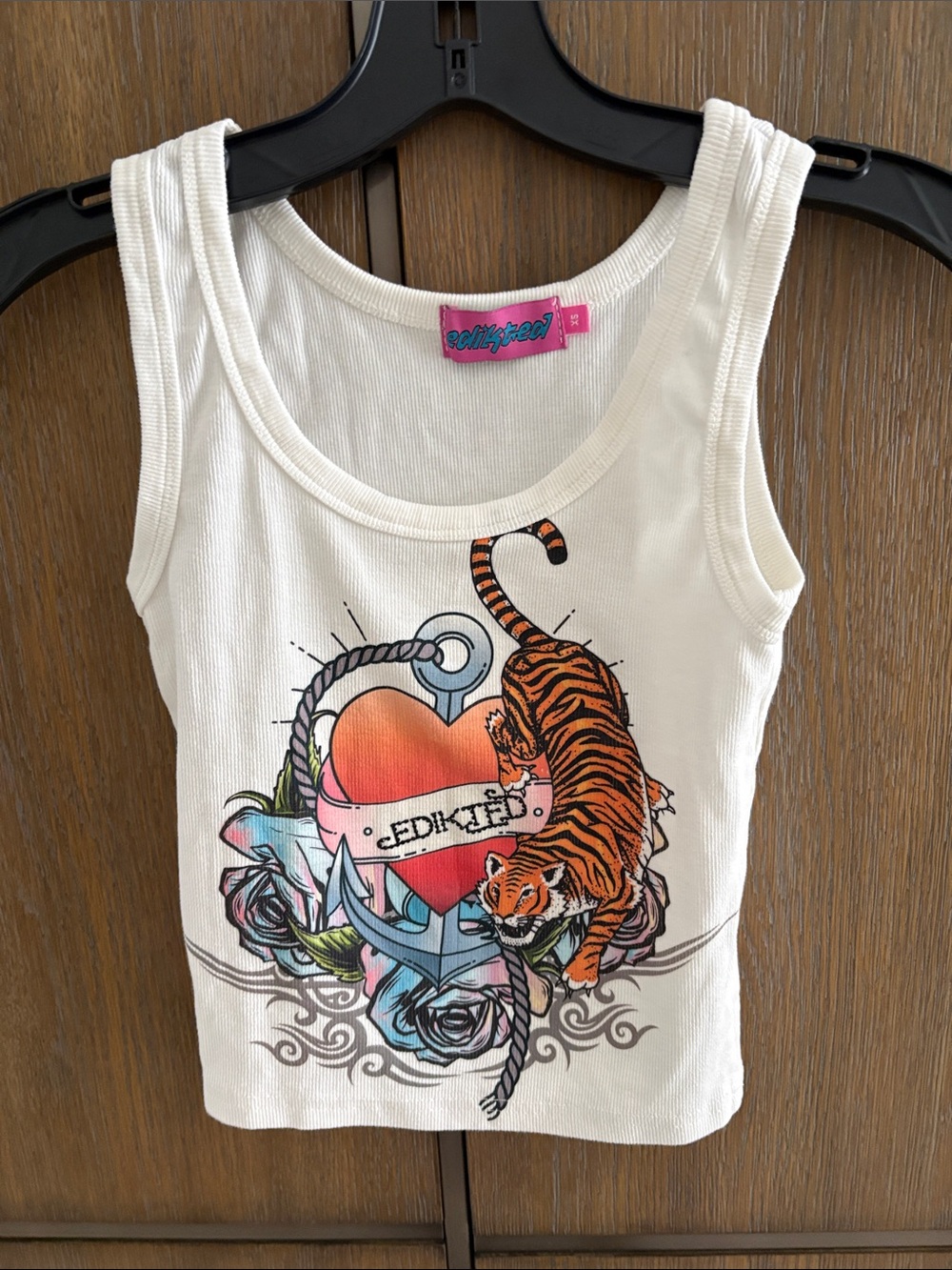 Edikted White Tank Top with Tiger and Heart Graphic